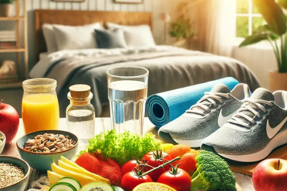 Cena de estilo de vida saudável com alimentos nutritivos, tênis de corrida, água e uma cama aconchegante