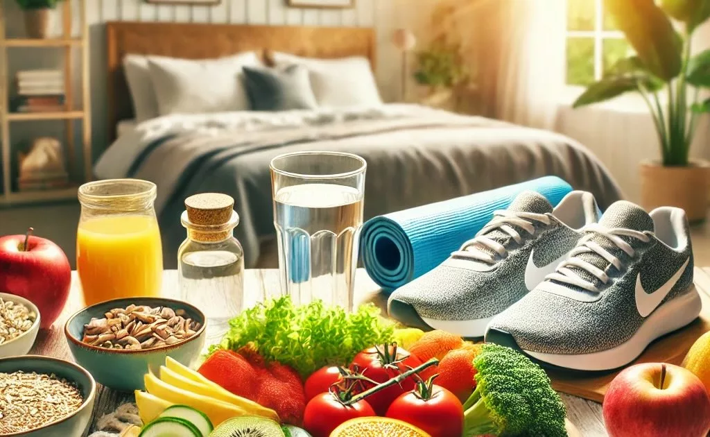 Cena de estilo de vida saudável com alimentos nutritivos, tênis de corrida, água e uma cama aconchegante