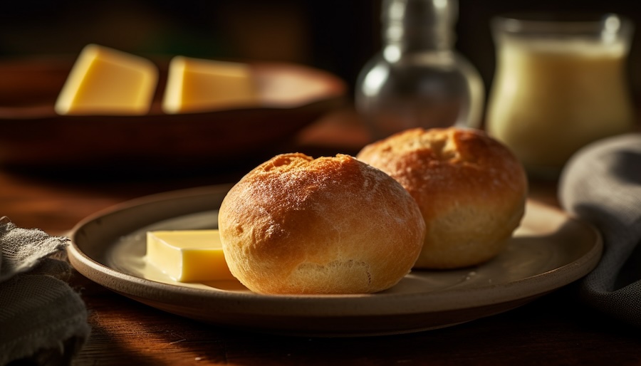 Pão recém-assado e pães doces na mesa gerados por inteligência artificial