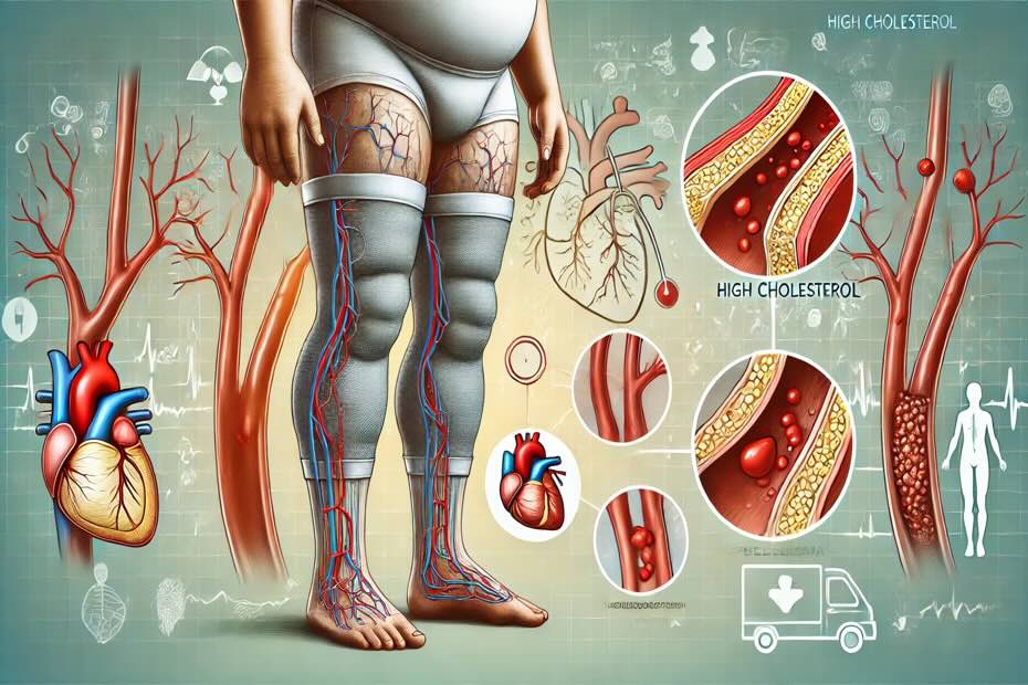 Ilustração mostrando a relação entre colesterol alto e lipedema, com foco nas pernas usando meias de compressão e artérias com acúmulo de placas de gordura