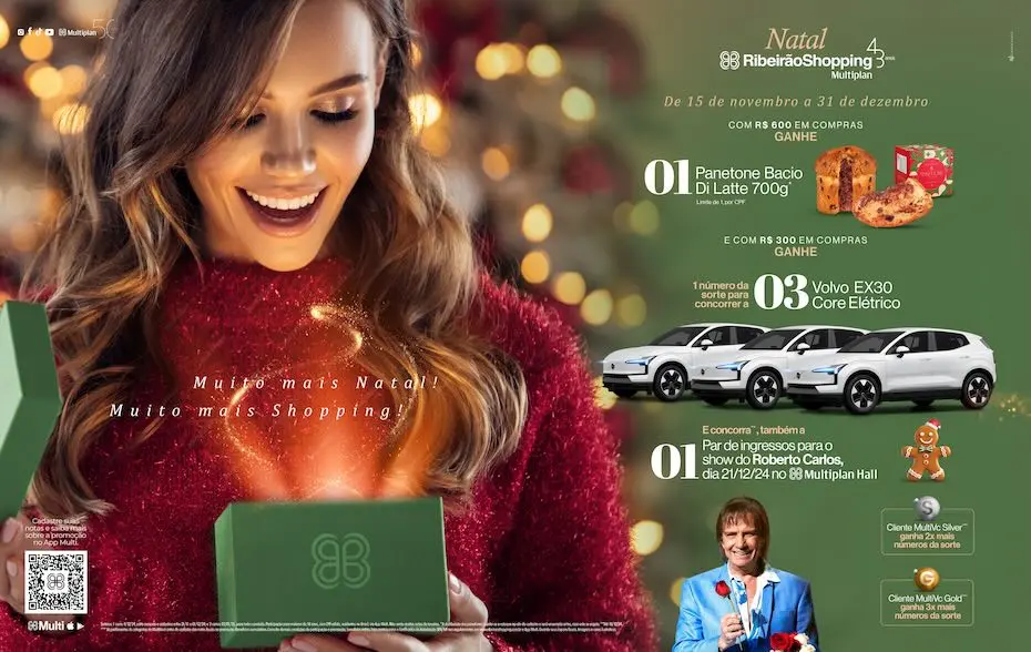 Campanha de Natal do RibeirãoShopping terá sorteio de 3 automóveis Volvo, ingressos para show de Roberto Carlos e panetone Bacio di Latte de presente