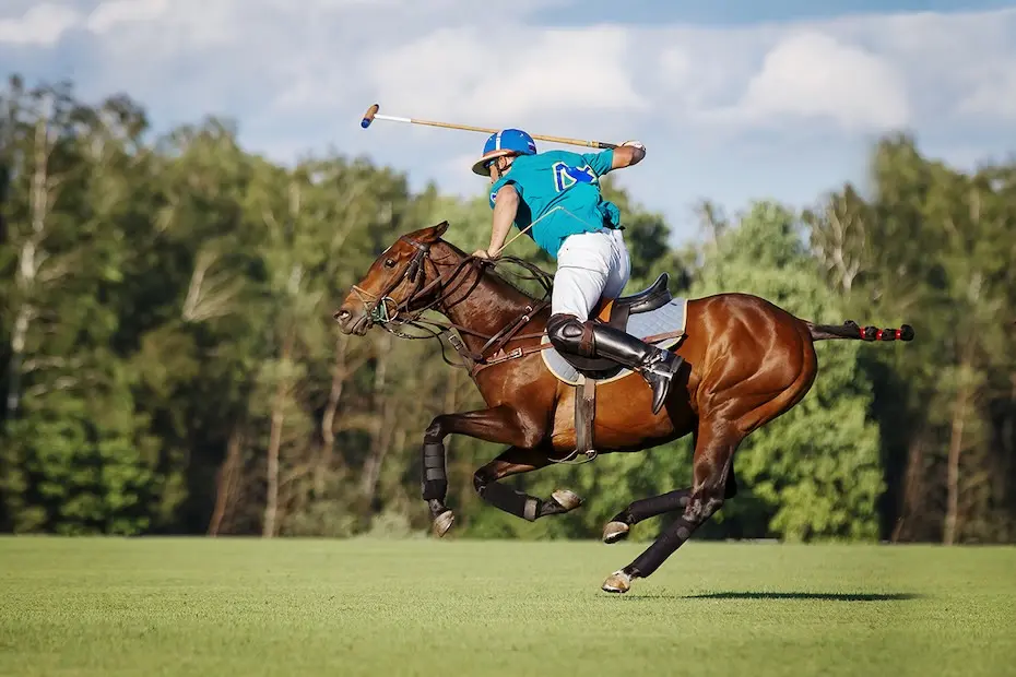 Jogador de polo a cavalo bate na bola com um taco em ação. Vista lateral do perfil