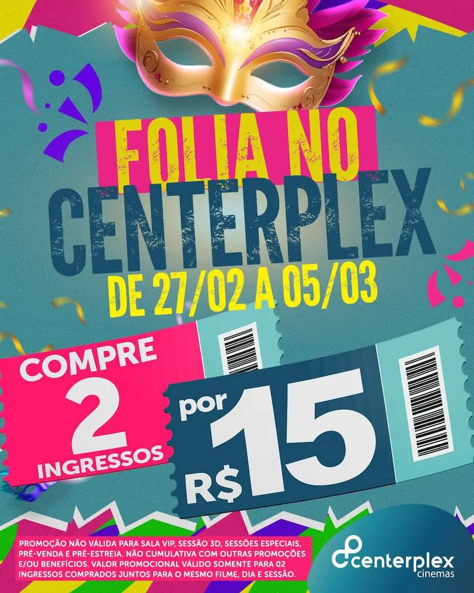 Dois ingressos por R$ 15 é a promoção de Carnaval no Centerplex do North Shopping Barretos